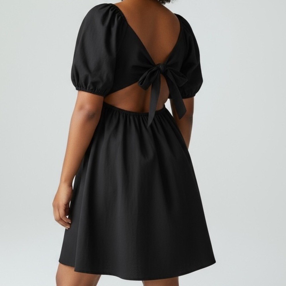 Old Navy Women's‎ Black Puff Sleeve Open Back Tie Elastic Waist Pockets Dress XL